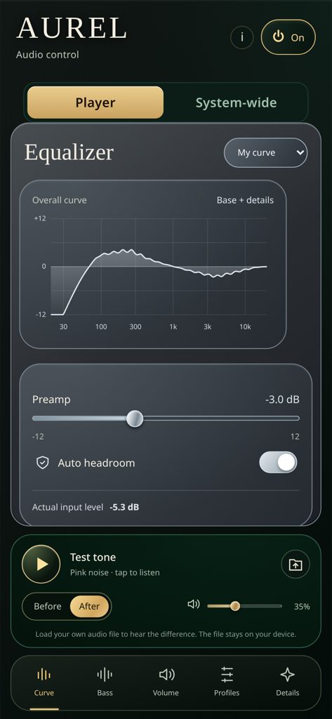 AUREL equalizer screen with the overall curve, preamp and auto headroom